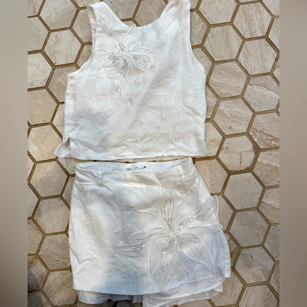 White Zara floral appliqué Tank and Skirt Set